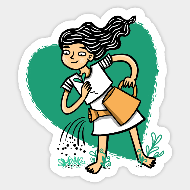 Green love Gardening girl with a watering can Sticker by cheekyfoxart